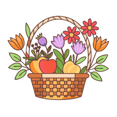 Wicker basket with flowers fruits autumn harvest design element