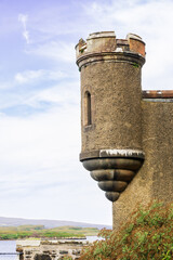 Dunvegan Castle turret overlooking the Isle of Skye in Scotland