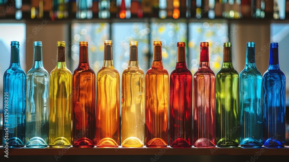Aufkleber this vibrant image captures a row of colorful bottles, beautifully illuminated by soft natural light
