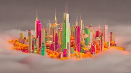 Obraz premium Futuristic Cityscape Neon Lights Colorful Buildings Cloudscape