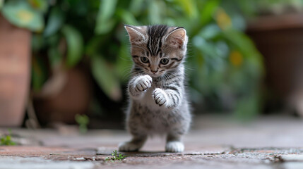 A small tabby kitten standing on its hind legs with paws up outdoors in a garden setting looking down
