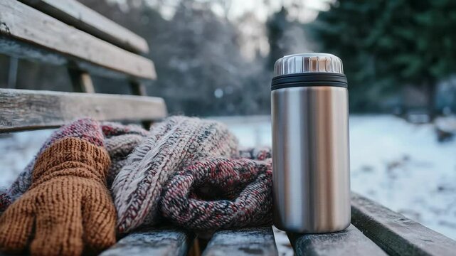Warm winter moments with a thermos and cozy scarf in a snowy park