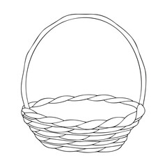 Simple black and white illustration of a woven basket with a curved handle for design purposes.