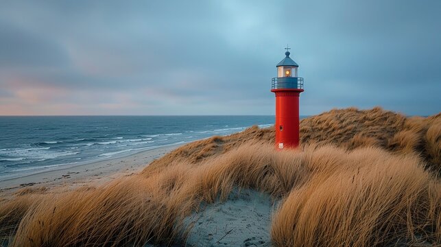 A striking red lighthouse stands tall on sandy dunes, overlooking a calm beach at twilight, surrounded by golden grasses swaying in the breeze, evoking tranquility and solitude. - Powered by Adobe