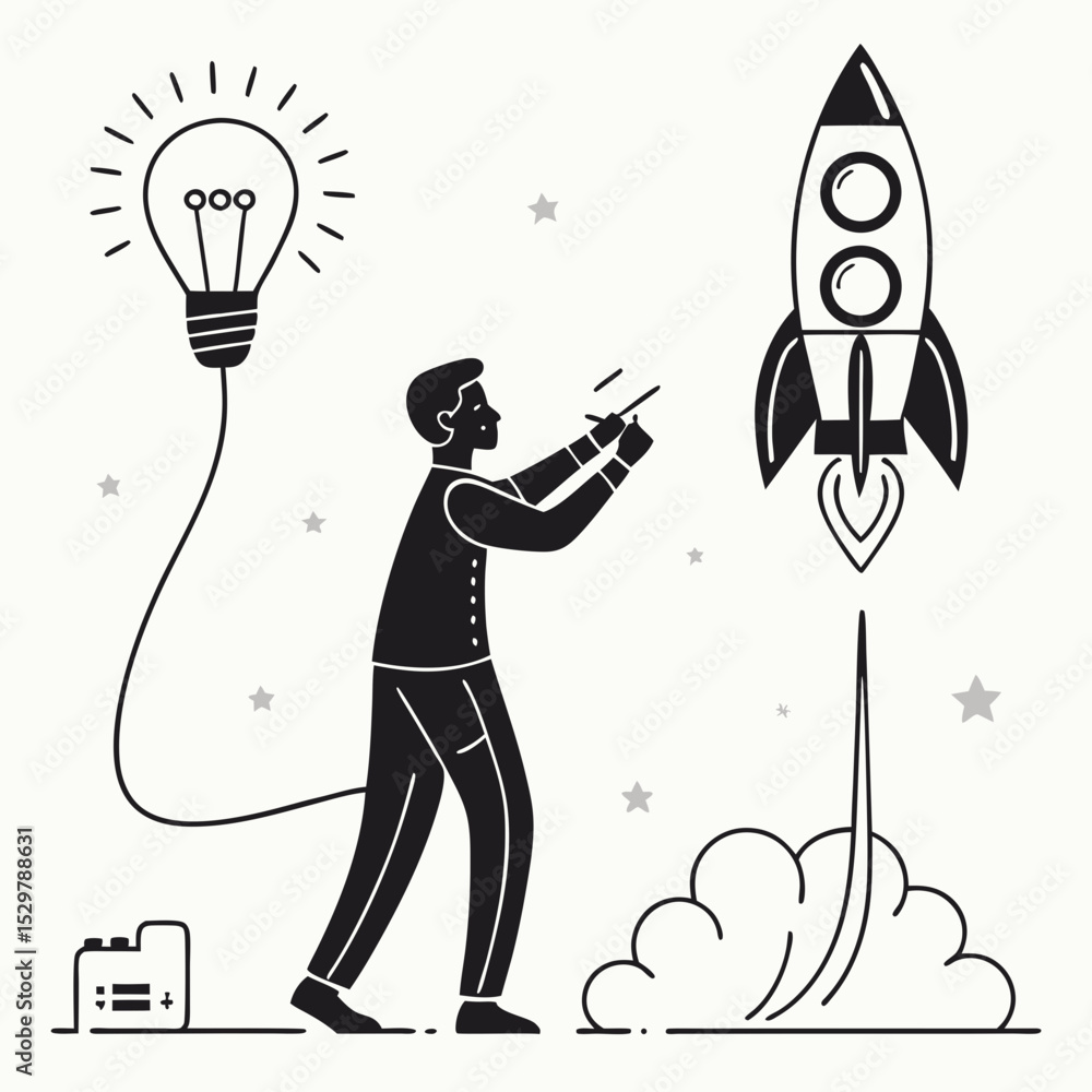 Aufkleber man launching rocket powered by idea lightbulb innovation startup