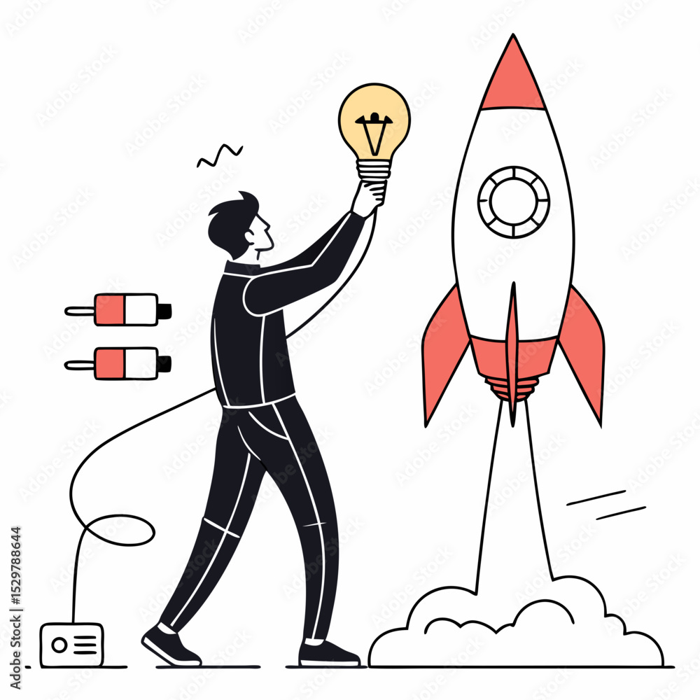 Aufkleber man igniting rocket with lightbulb idea innovation startup launch