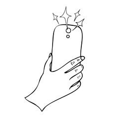 Monochrome vector hand holding smartphone taking photo, with flash bursting into stars illustration. Selfie, photo simple line art for photography themes, social media content, creative projects