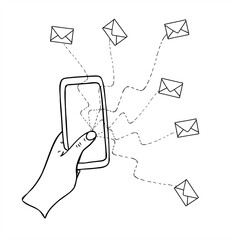 Hand tapping smartphone screen, with dotted lines and envelopes radiating from the thumb vector illustration painted by black inks. For email marketing, bulk messaging, digital communication concept