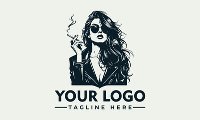 Cool black and white illustration of a fashionable woman wearing sunglasses and leather jacket while smoking a cigarette. Urban lifestyle concept