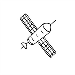 Flying satellite with deployed solar panels stylized monochrome vector illustration. Spacecraft graphic sketch for space technology themes, sci fi project, educational material, coloring page.