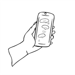 Hand holding smartphone with message bubbles, heart, sun on the screen minimalist black and white vector illustration. Online communication graphic sketch for UI, UX design, social media, chat app