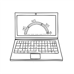 Open laptop displaying pie chart with shaded sectors and percentage labels monochrome vector illustration. For business reports, financial presentations, data analysis, and corporate infographics