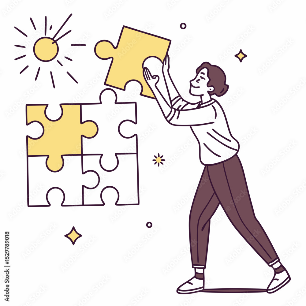 Poster person solving puzzle completing jigsaw problem solving solution success