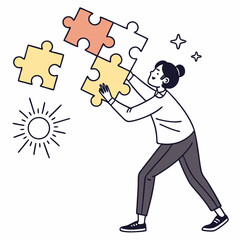 Woman successfully connecting puzzle pieces teamwork collaboration success