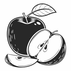 Whole apple half apple slice black and white illustration