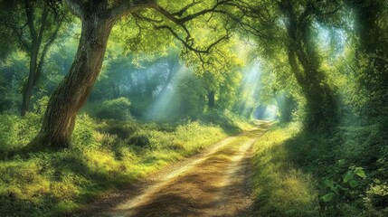 Obraz premium Sunlit Forest Path: Lush Green Trees and Peaceful Atmosphere