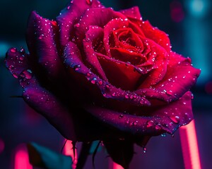 A deep red rose with shimmering water droplets glowing under neon lights