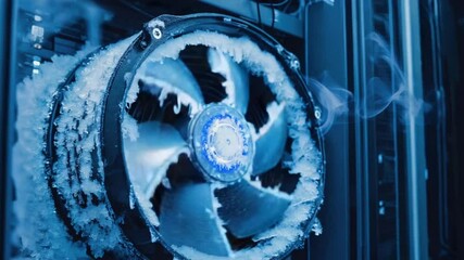 Slow-motion macro shot of a server fan encased fine layer of frost, gently spinning blue LEDs shine icy crystals. Vapor trails curl upward as the temperature rises in the surrounding environment 4k