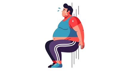 Cartoon Overweight Man Sitting on Chair Feeling Hot Sweating with Red Arm in Casual Clothing