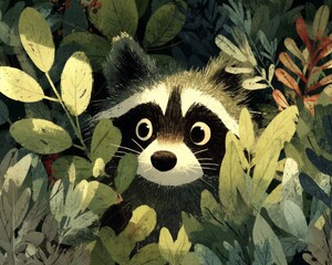 Curious Raccoon Peeking Through Lush Green Foliage