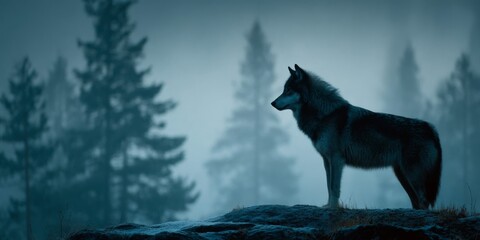 Lone Wolf in a Misty Forest at Dusk