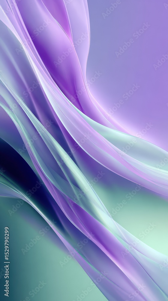 Poster abstract flowing silk ribbons in shades of purple and teal, creating a soft and elegant background w