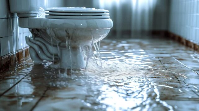 Water Leaking from a Toilet onto a Wet Bathroom Floor