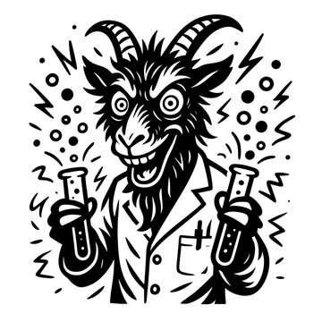 A whimsically eerie goat scientist conjures bubbling potions, his beady eyes gleam with madcap brilliance amid electric arcs in a black and white illustration.