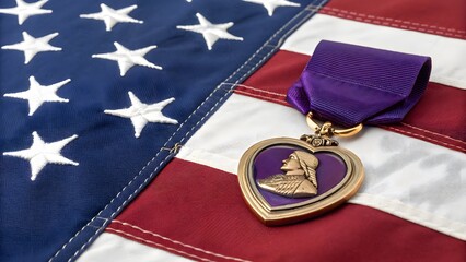 A Purple Heart medal rests on an American flag, a poignant symbol of sacrifice and bravery, honoring those wounded in combat, a testament to their service.