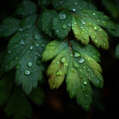 Closeup of Lush Green Leaves with Water Droplets