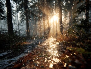 Rainy Forest Path at Golden Hour