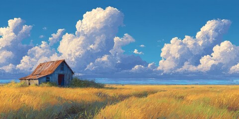 Rustic Barn in a Golden Wheat Field under a Sunny Sky