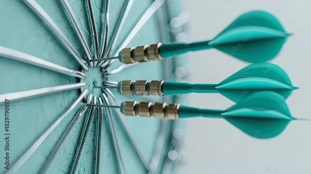 Poster close-up view of a dart striking the bullseye on a dartboard, showcasing skill and concentration in 