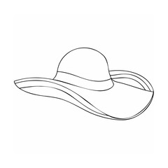 Elegant black and white line art illustration of a stylish wide brimmed sun hat