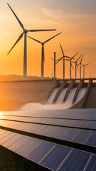 Wind turbines and solar panels with dam releasing water at sunset showcasing renewable energy sources