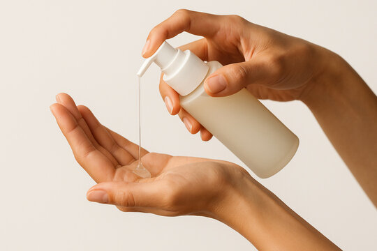 Hands Holding and Dispensing Lotion from Branded Cosmetic Bottle &ndash; Perfect Product Handling for Skincare E-Commerce & Beauty Ads
