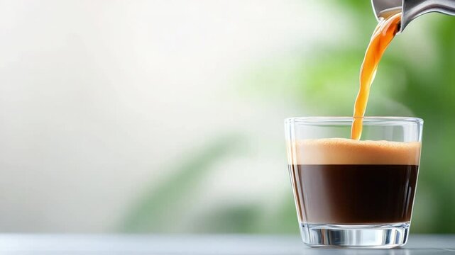 Rich Espresso Pour: A vibrant espresso stream cascades gracefully into a clear glass, its dark hue contrasting beautifully with the creamy foam, creating an enticing image that stimulates the senses.