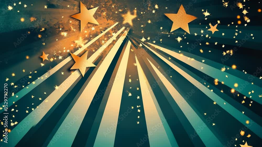 Poster dynamic animated golden starfield background with radiant beams and sparkling particles