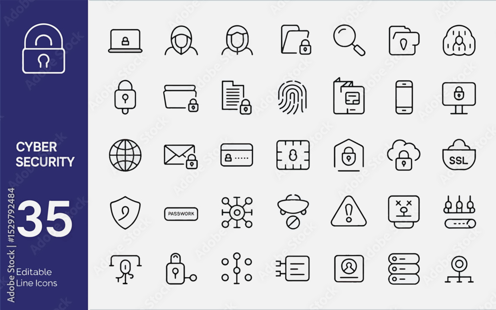 Poster cyber security line editable icons set. vector illustration in thin line modern style of cyber prote