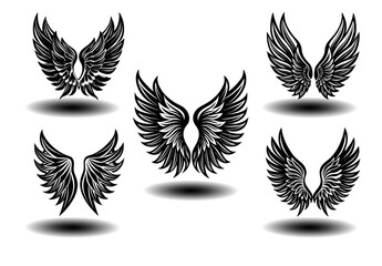 Angel black wings vector set featuring distressed feather details. Perfect for tattoo art, gothic designs, fantasy branding, spiritual prints, and memorial logos. Clean vector illustrations.

