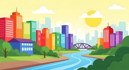 Fototapeta premium Colorful Cityscape with River and Bridge