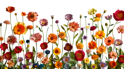 Vibrant field of colourful wildflowers under a bright blue sky with fluffy clouds, slightly low angle making the flowers seem larger than life, joyful nature scene --ar 16:9 --v 6.0 --s 200 --raw