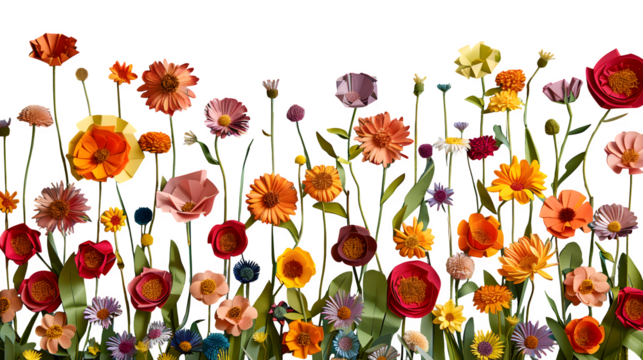 Vibrant field of colourful wildflowers under a bright blue sky with fluffy clouds, slightly low angle making the flowers seem larger than life, joyful nature scene --ar 16:9 --v 6.0 --s 200 --raw