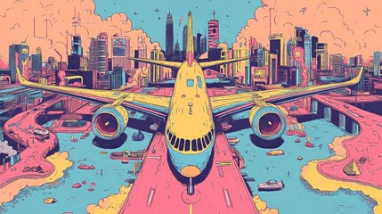 Colorful retro airplane flying over a futuristic cityscape in imaginative pop art style