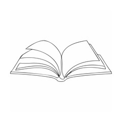 Simple black outline illustration of an open book with slightly turned pages and white background