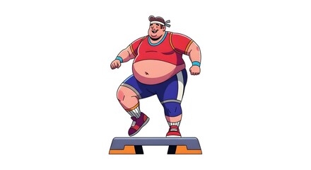Cartoon Overweight Man Exercising on Step Platform in Casual Sportswear