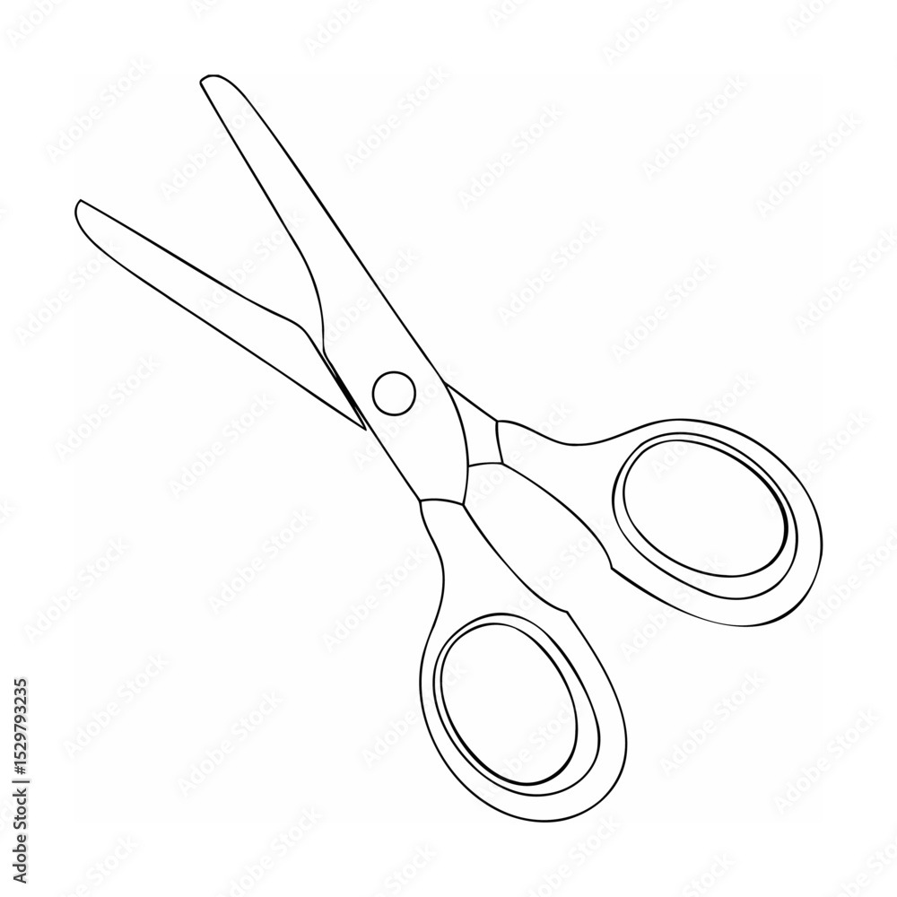 Poster simple black and white outline of a pair of open scissors on a white background