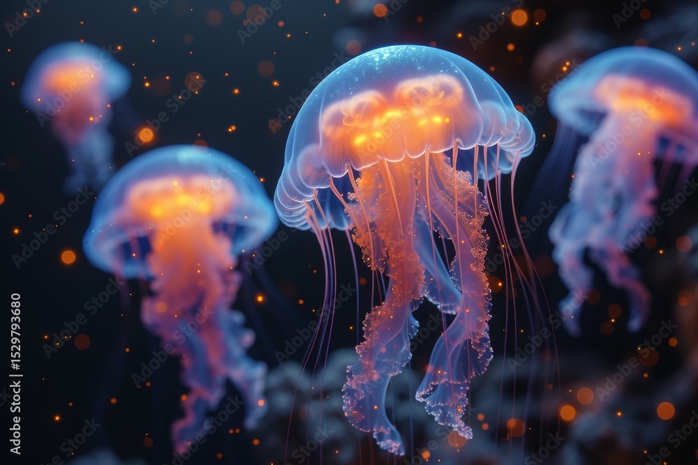 Aufkleber this image showcases a group of bioluminescent jellyfish gracefully gliding through the dark ocean w