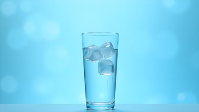 A glass containing ice cubes and water against a softly blurred, blue background.