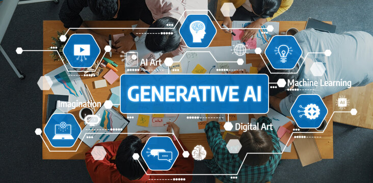 A vibrant collaborative workspace showcasing diverse individuals engaged in creative brainstorming on generative AI concepts, merging imagination with technology for innovative solutions. Amity